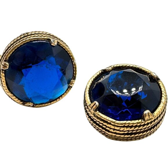 Cobalt Blue Earrings Vintage Crystal Textured Gold Tone Round Clip-On - Picture 1 of 13